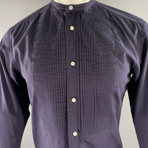 RALPH LAUREN Size S Navy Pleated Cotton Band Collar Long Sleeve Shirt
