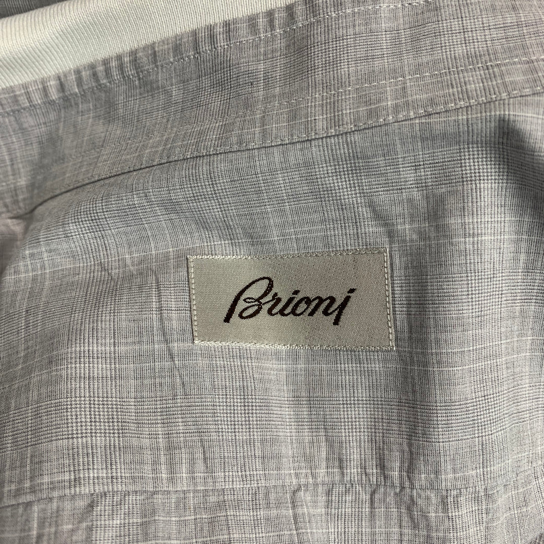 BRIONI Talla XXXL Camisa de manga corta con botones de algodón a cuadros gris y blanco
