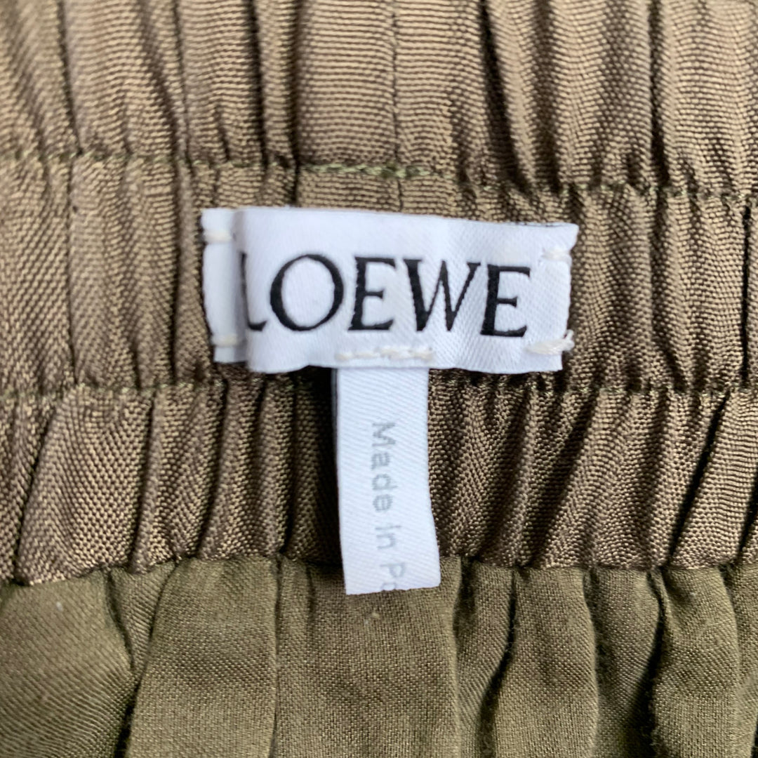 LOEWE Size 4 Green Olive Silk Elastic Waistband Asymmetrical Hem Skirt