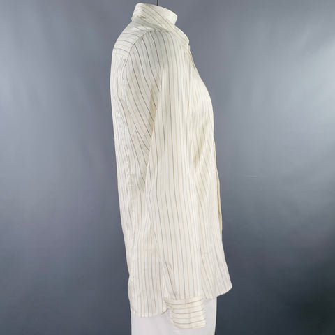 DRIES VAN NOTEN Size 42 Cream Brown Stripe Silk Cotton Long Sleeve Shirt