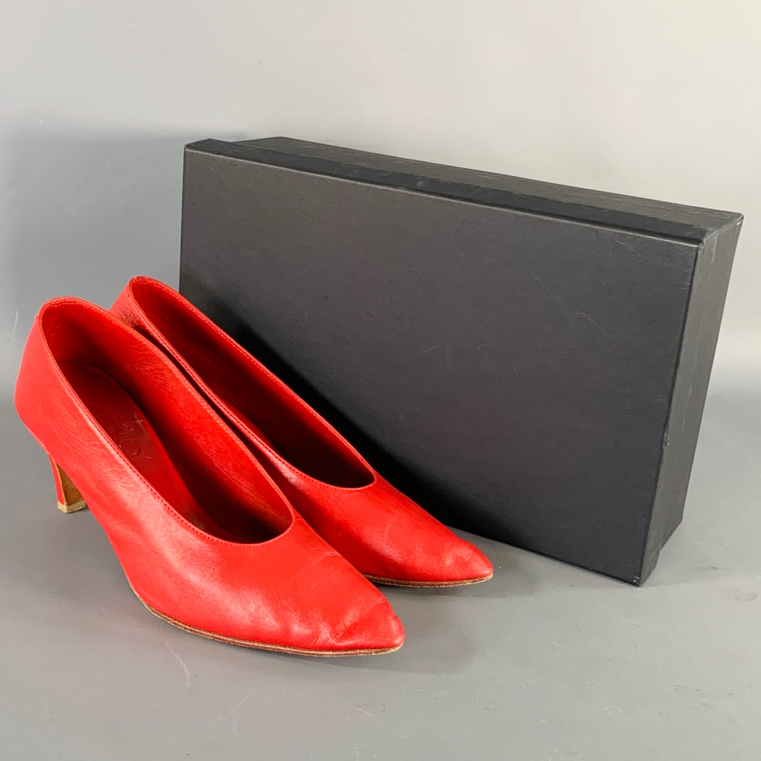 MARTINIANO Size 7.5 Red Goat Leather Pointed Toe Pumps