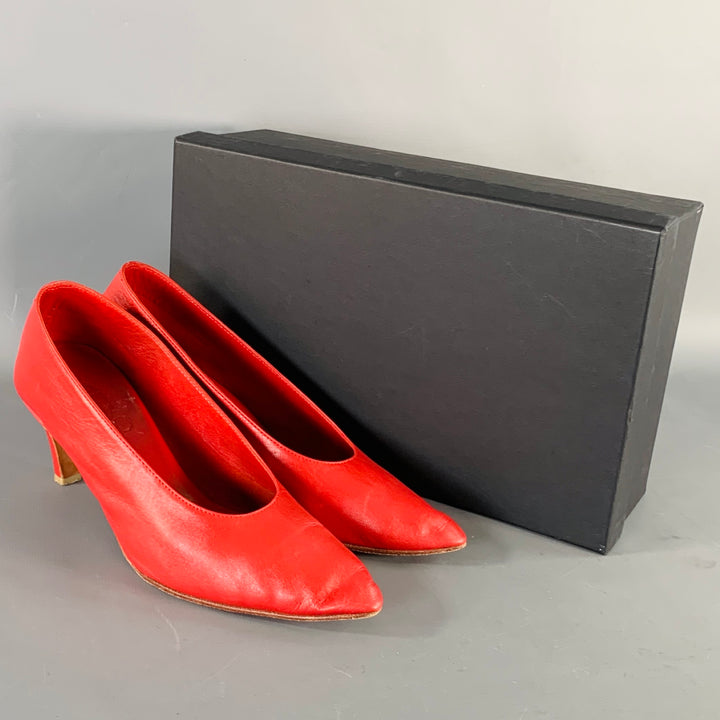 MARTINIANO Size 7.5 Red Goat Leather Pointed Toe Pumps