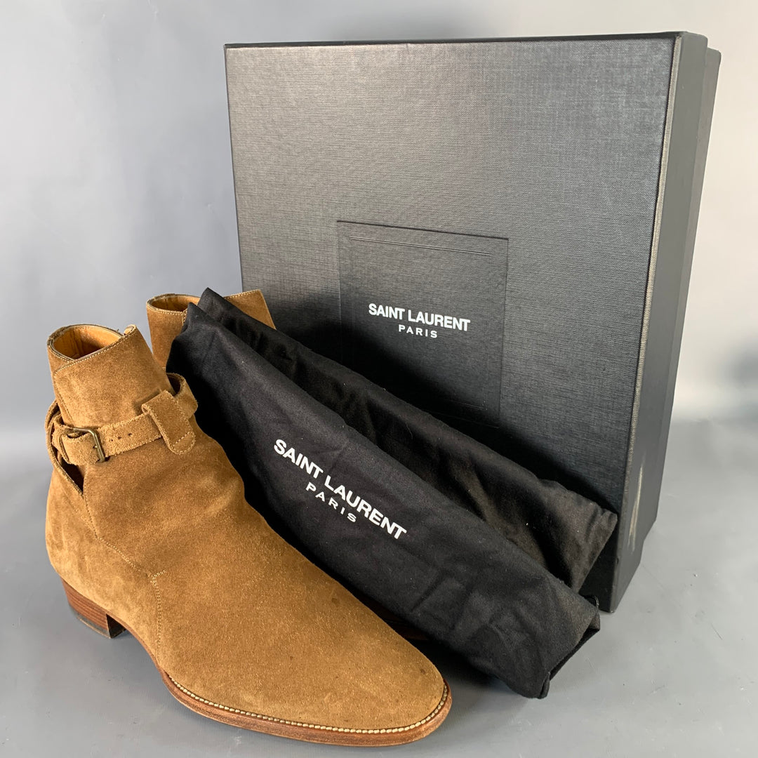 SAINT LAURENT Size 8 Hedi Strap Tan Suede Harness Boots