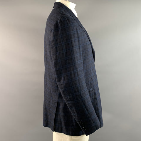 ERMENEGILDO ZEGNA Chest Size 48 Navy Blue Plaid Linen Cotton Wool Sport Coat