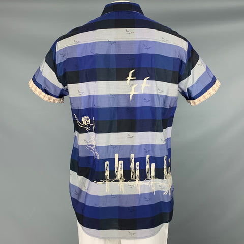 ROBERT GRAHAM Size L Blue Black Grey Stripe Cotton Short Sleeve Shirt