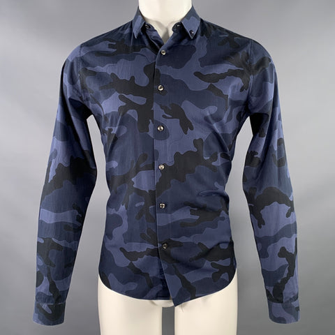 VALENTINO Size M Navy Black Camouflage Cotton Button Up Long Sleeve Shirt