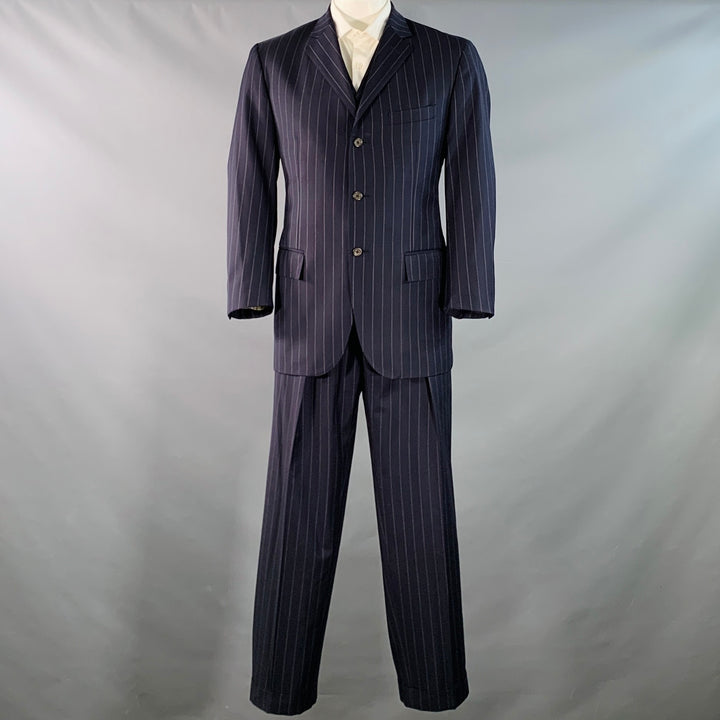 POLO by RALPH LAUREN Size 42 Regular Navy Grey Pinstripe Virgin Wool 3 Piece Suit