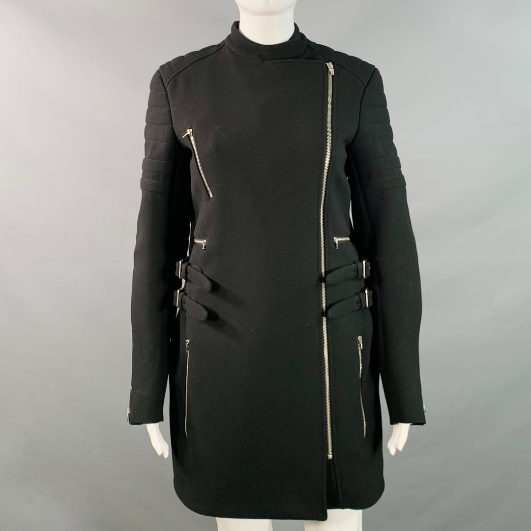 CELINE Size 4 Black Wool Zippers Detail Bondage Coat