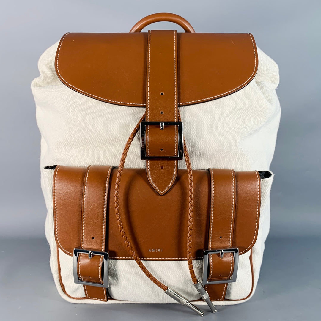 AMIRI Brown Cream Canvas Leather Backpack Bag