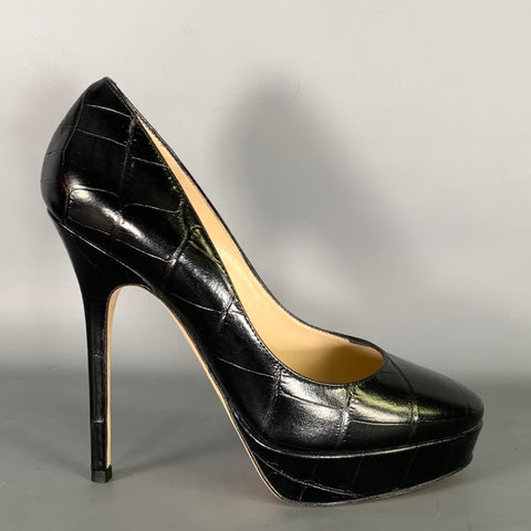 JIMMY CHOO Size 6 Black Leather Croc Embossed Stiletto Pumps