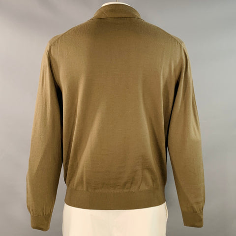 ERMENEGILDO ZEGNA Size L Khaki Wool Long Sleeve Polo Pullover