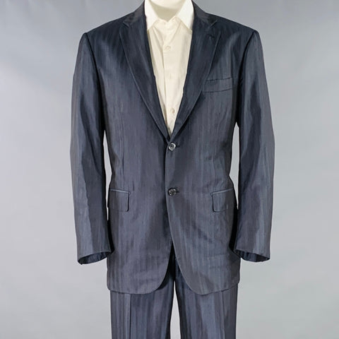 ISAIA Size 46 Long Navy Stripe Wool Silk Notch Lapel Suit