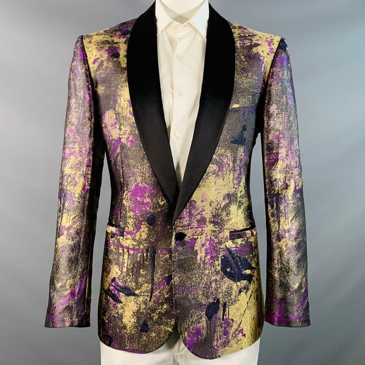 VERSACE Size 44 Black Gold Purple Abstract Silk Blend Shawl Collar Sport Coat
