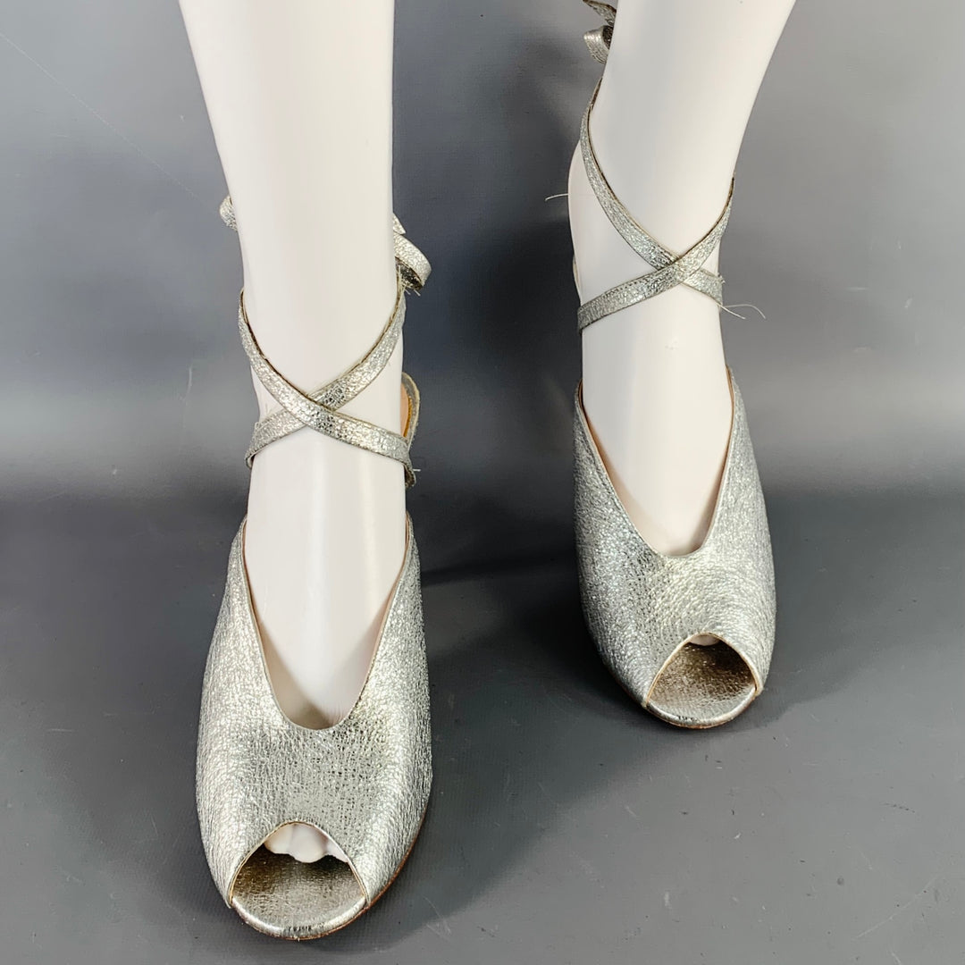LOEFFLER RANDALL Size 8 Metallic Silver Crinkled Leather Ankle Strap Pumps