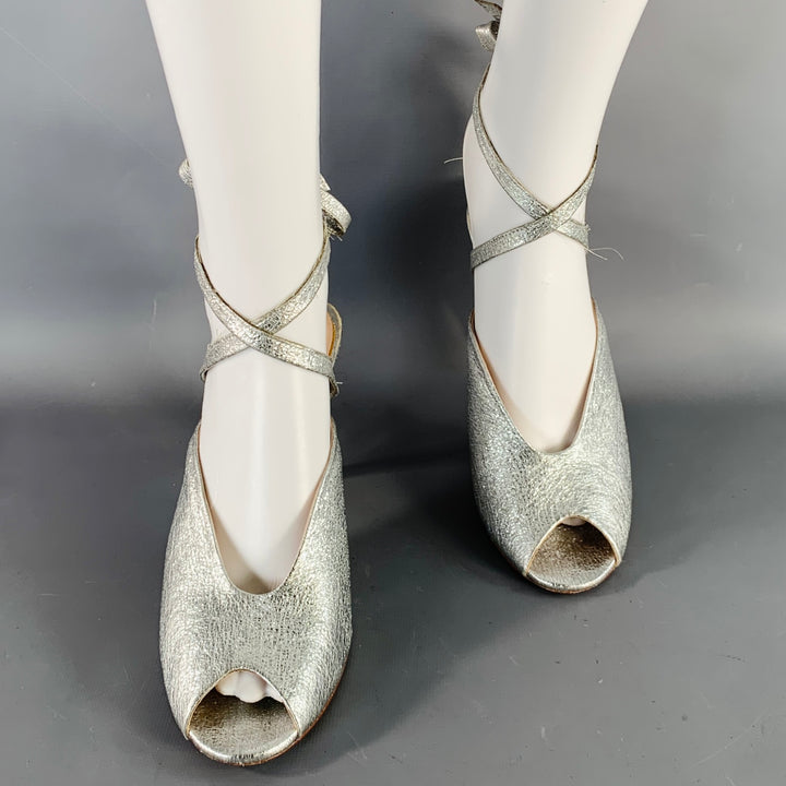 LOEFFLER RANDALL Size 8 Metallic Silver Crinkled Leather Ankle Strap Pumps
