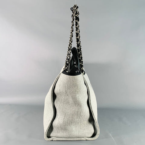 CHANEL Deanville Black Grey Tweed Straw Canvas Tote Leather Handles Handbag