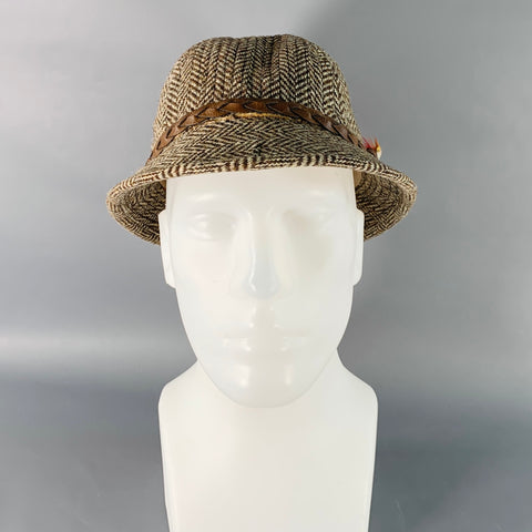 KNOX HATS Vintage Brown Beige Herringbone Braided Leather Trim Fabric Hat