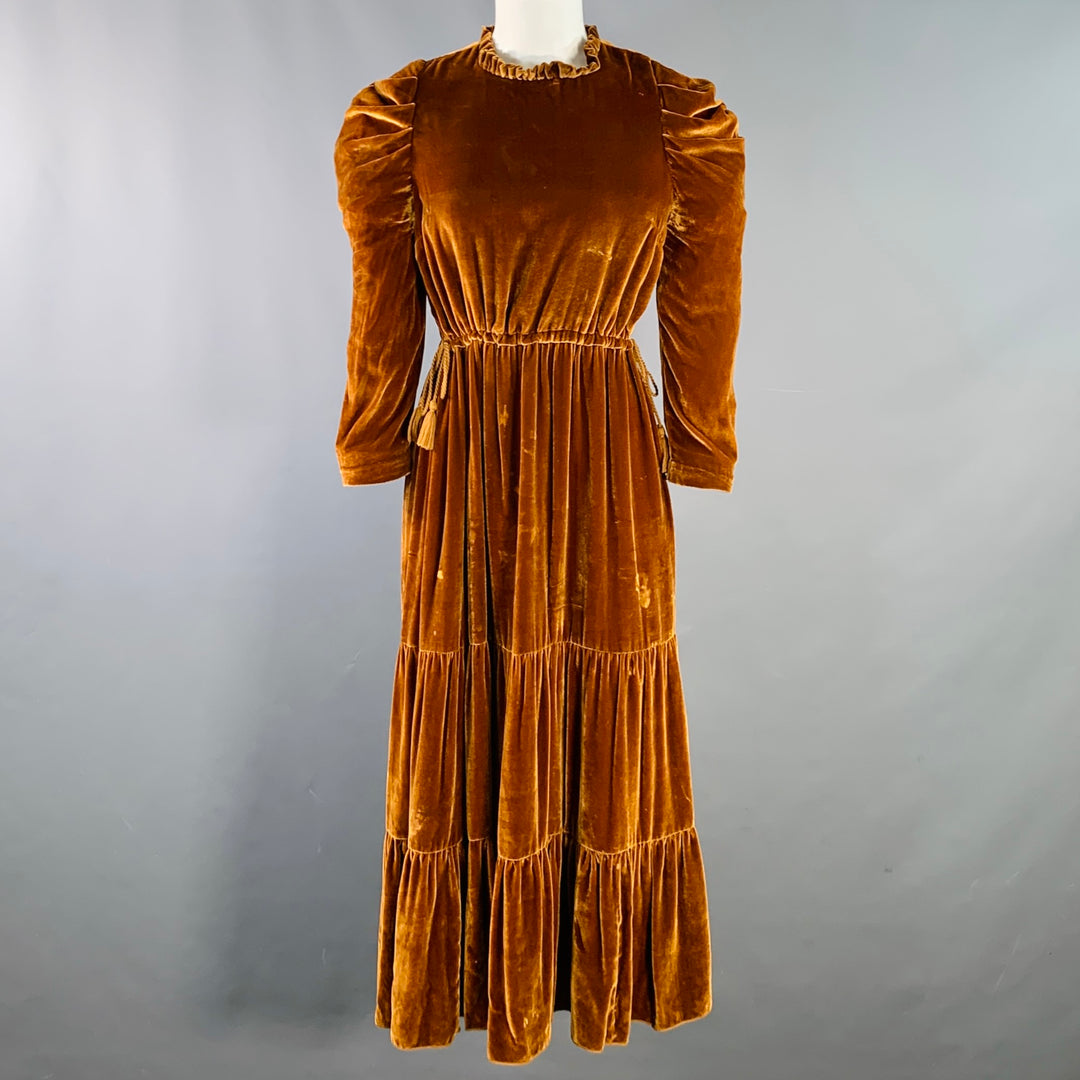 ULLA JOHNSON Size 2 Bunny Yellow Mustard Velvet Ruffle Midi Dress  Sui  Generis Designer Consignment