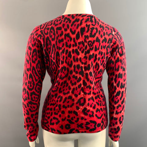 NEIMAN MARCUS Size L Red Black Cashmere Leopard Pullover Womens
