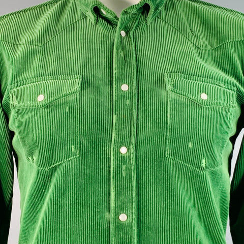 BALMAIN Size L Green Corduroy Cotton Distressed Western Long Sleeve Shirt
