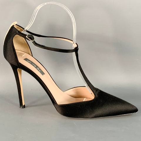 SJP Size 9 Black Silk Stiletto T-Strap Heels Sandals
