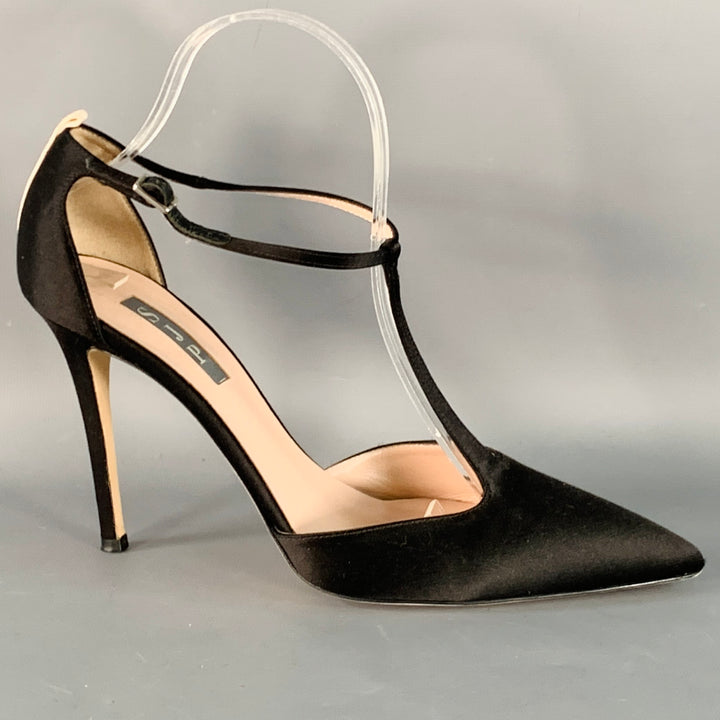 SJP Size 9 Black Silk Stiletto T-Strap Heels Sandals