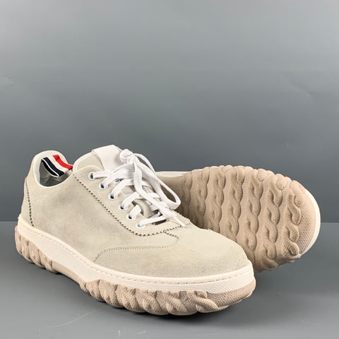 THOM BROWNE Size 11 Off White Solid Suede Lace Up Sneakers