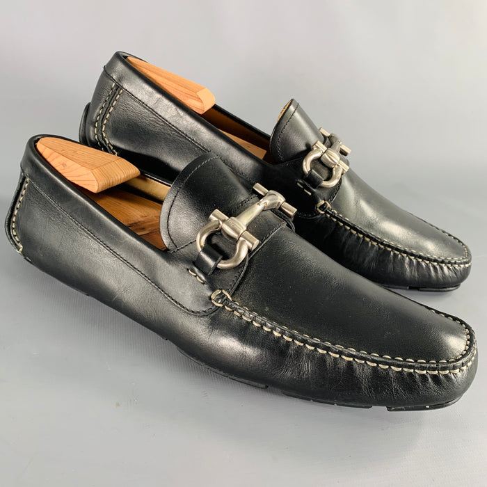 SALVATORE FERRAGAMO Size 10 -Parigi- Black Contrast Stitch Leather Drivers Loafers