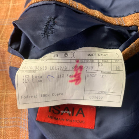 ISAIA Size 46 Orange Blue Camel Plaid Wool Blend Notch Lapel Sport Coat
