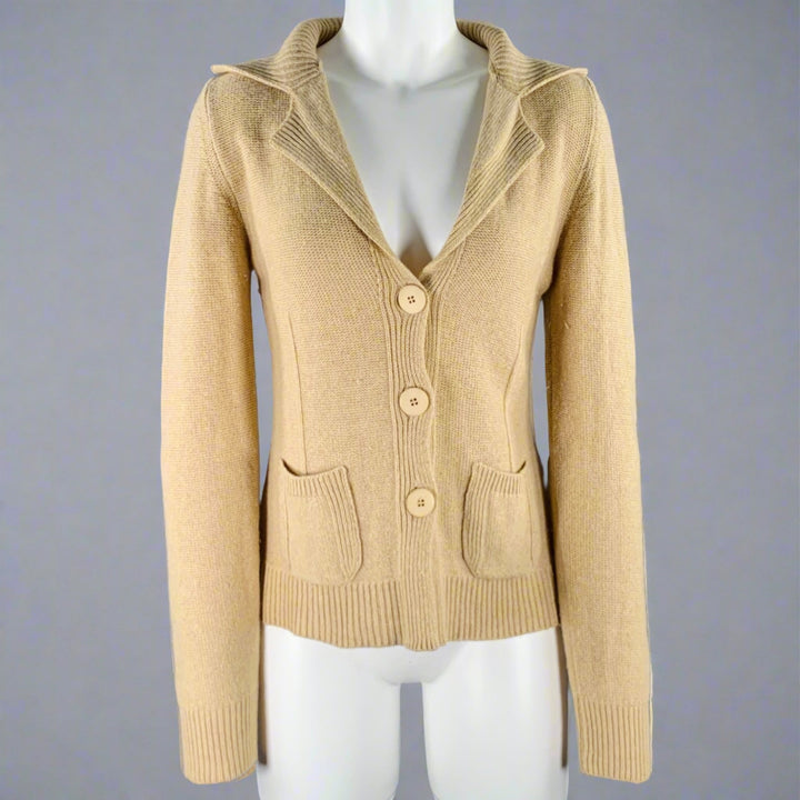 FRANCESCA ELIA Size S Beige Virgin Wool Blend Knit 2 Pockets Cardigan