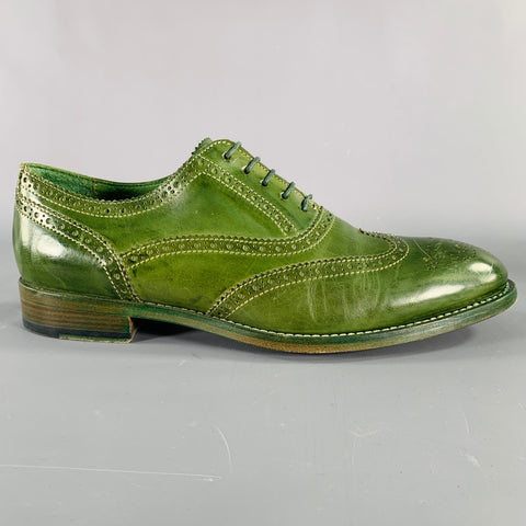 PAUL SMITH Size 8 Green Perforated Leather Wingtip Lace-Up Shoes