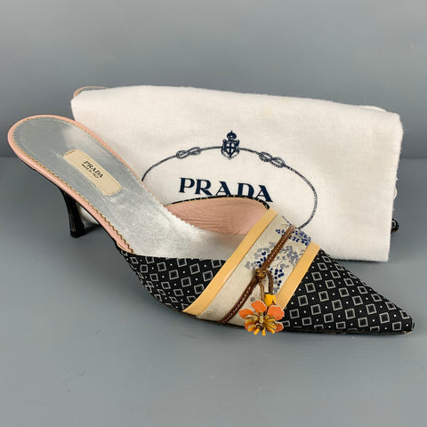 PRADA Size 7.5 Black Multi Color Kimono Floral Mules Pumps