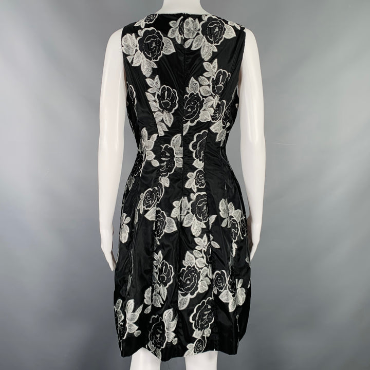 PRABAL GURUNG Size 10 Black Silver Polyester Floral A-Line Cocktail Dress