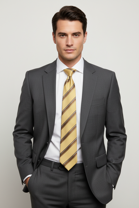 ERMENEGILDO ZEGNA One Size Gold Khaki Diagonal Stripe Silk Tie