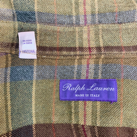 RALPH LAUREN Size XL Brown Green Plaid Cotton Elbow Patches Long Sleeve Shirt