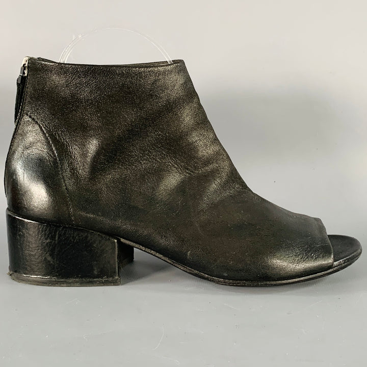 MARSELL Size 7.5 Black Leather Peep Toe Stacked Heel Ankle Boots