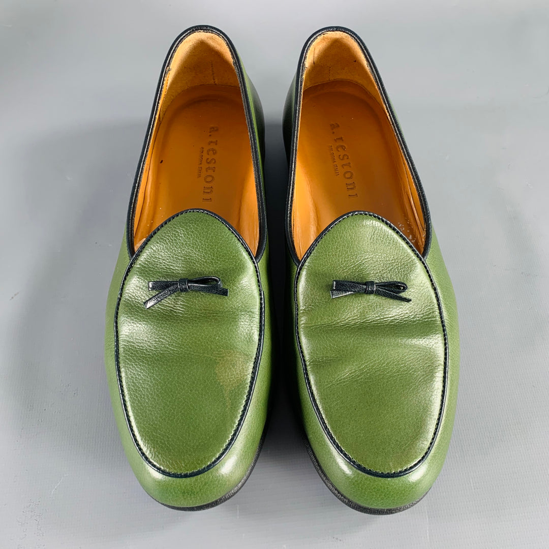 Men's Shoes A Testoni Loafers Size Green Black Contrast