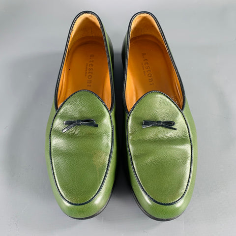 A.TESTONI Size 8 Green Black Contrast Stitch Leather Slip On Loafers
