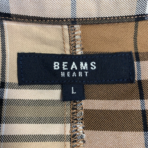 BEAMS HEART Size L Brown Black White Plaid Cotton Blend Snaps Short Sleeve Shirt