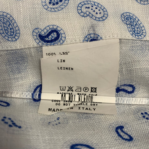 ETRO Size XXL White Blue Paisley Linen Curved Cutaway Long Sleeve Shirt