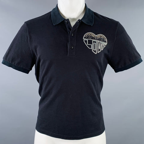 VALENTINO Size M Love Black Studded Heart Cotton Pique Buttoned Polo