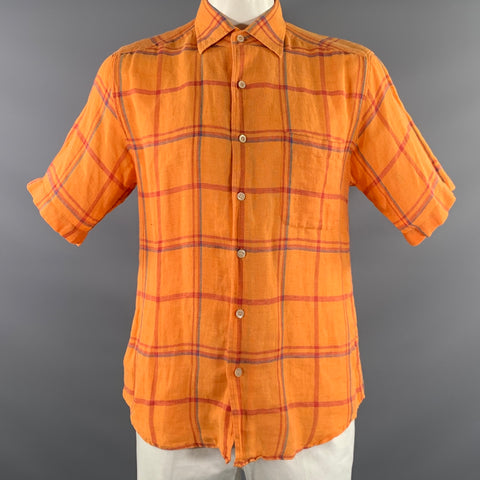 ERMENEGILDO ZEGNA Size L Orange Red & Blue Plaid Short Sleeve Shirt