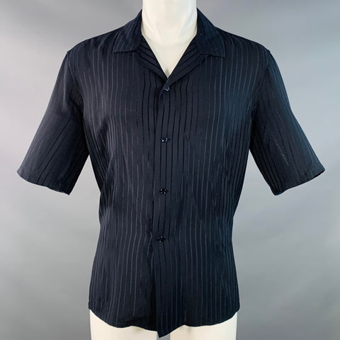 SAINT LAURENT Size S Navy Stripe Silk Camp Short Sleeve Shirt