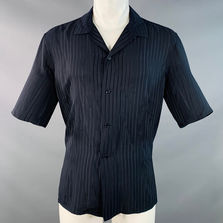 SAINT LAURENT Size S Navy Stripe Silk Camp Short Sleeve Shirt