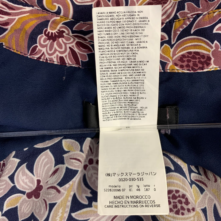 MAX MARA Size 12 Navy Burgundy Silk Abstract Floral Long Shirt Dress