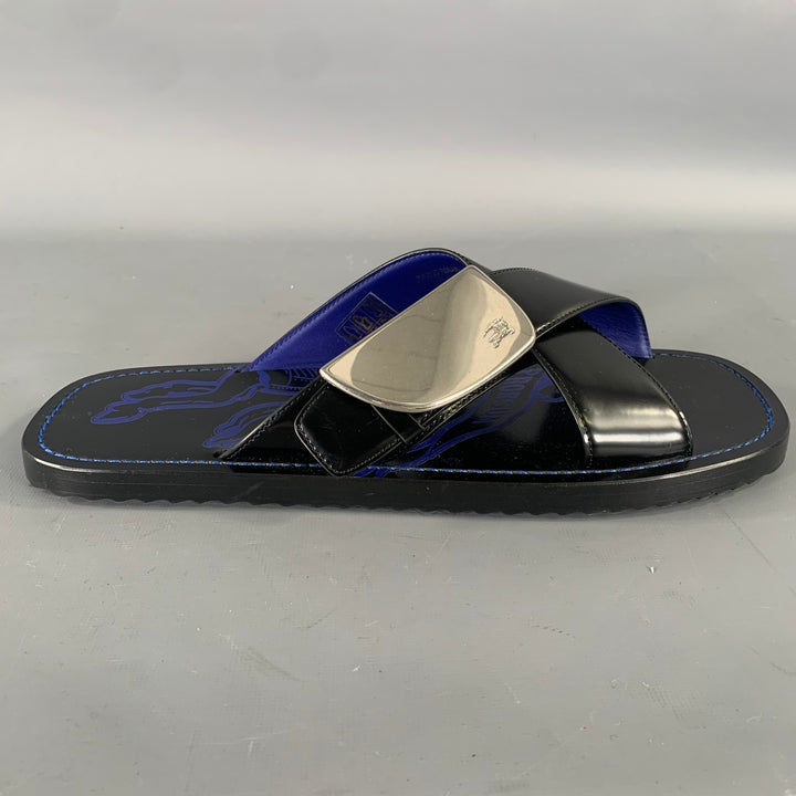 BURBERRY Size 10 Black Blue Leather Slide Sandals
