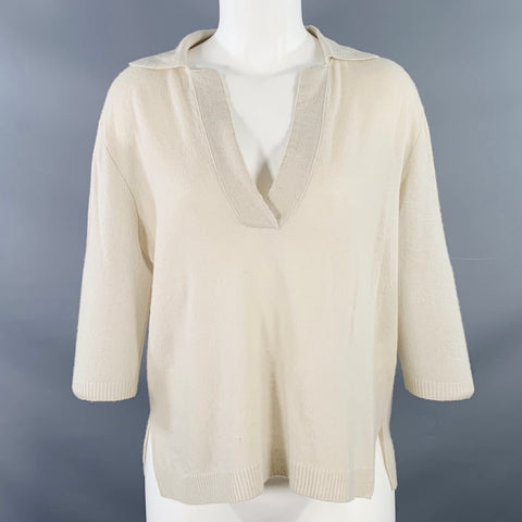NHBT Size M Beige Cashmere Knit Open Collar V-Neck 3/4 Sleeves Casual Top