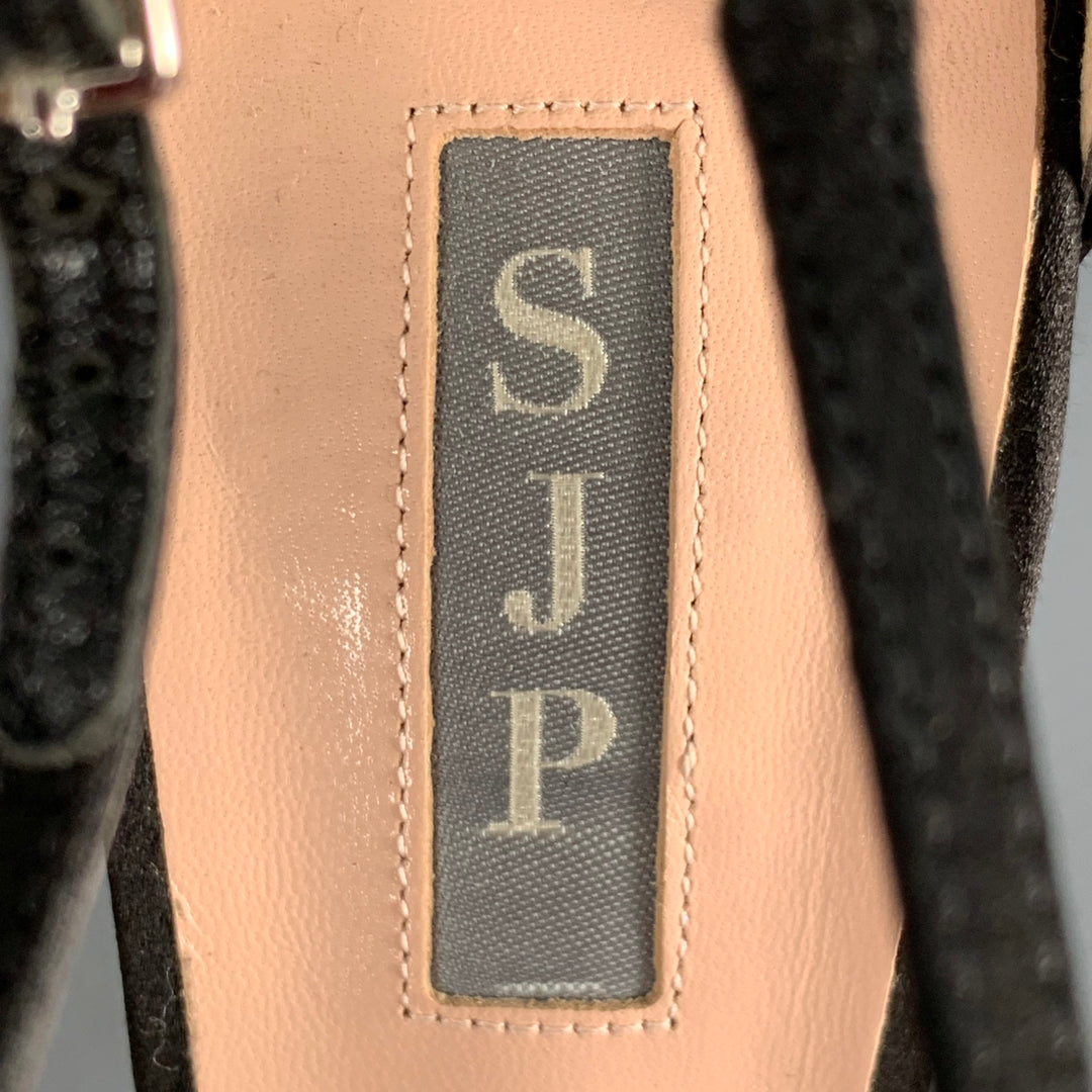 SJP Size 9 Black Silk Stiletto T-Strap Heels Sandals