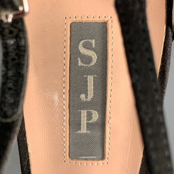SJP Size 9 Black Silk Stiletto T-Strap Heels Sandals