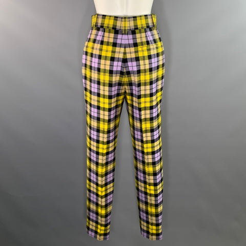 VERSACE FW2018 Size 4 Yellow Lavender Wool Plaid Tapered Casual Pants